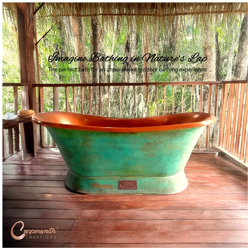 Coppersmith Creations Slanting Base Copper Bathtub (1 size, Antique Copper Interior, Blue/Green Exterior) - Brand New Bathrooms