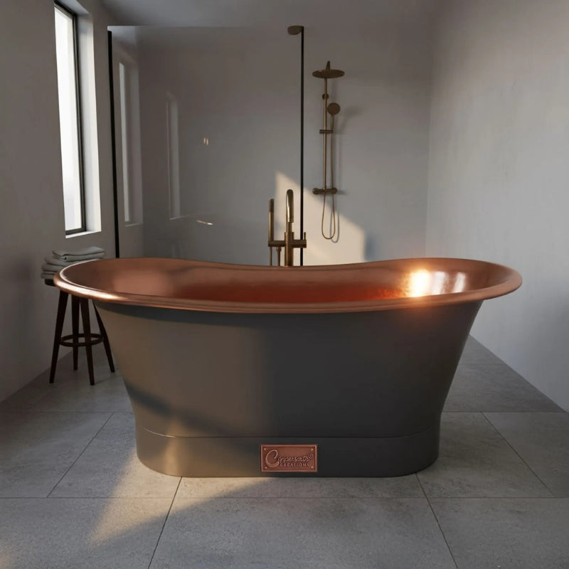 Coppersmith Creations Straight Base Copper Bathtub (1 size, Polished Copper Interior, Black Grey Exterior) - Brand New Bathrooms