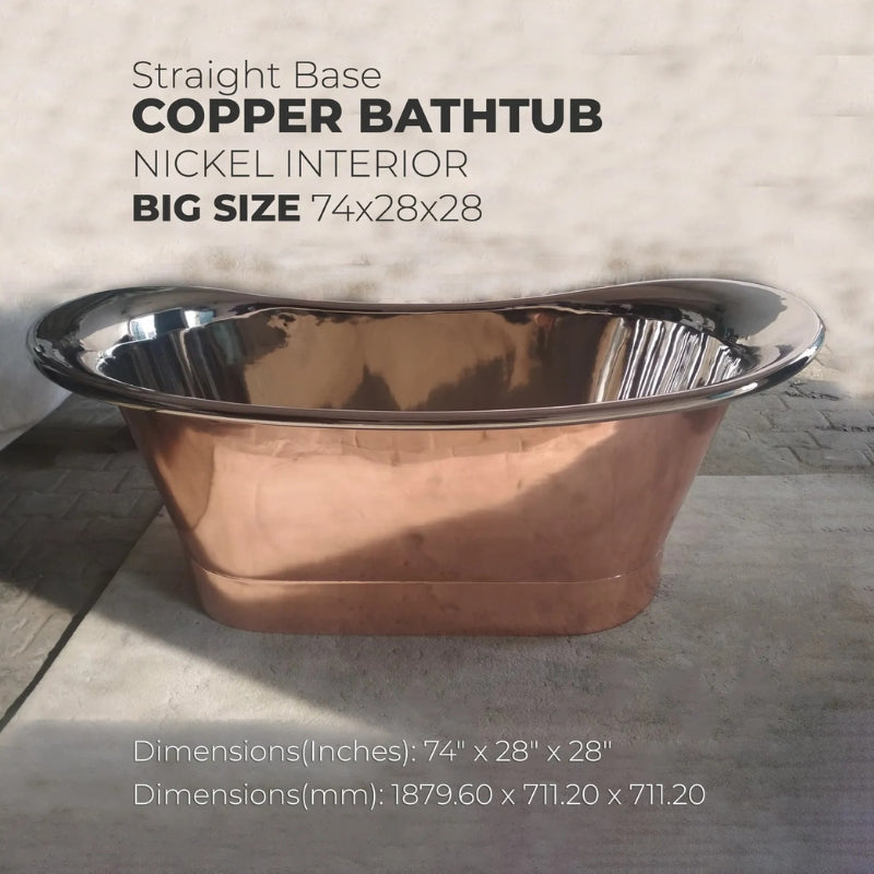 Coppersmith Creations Straight Base Copper Big Size Bathtub (1 size, Nickel Interior, Shiny Polished Copper Exterior) - Brand New Bathrooms