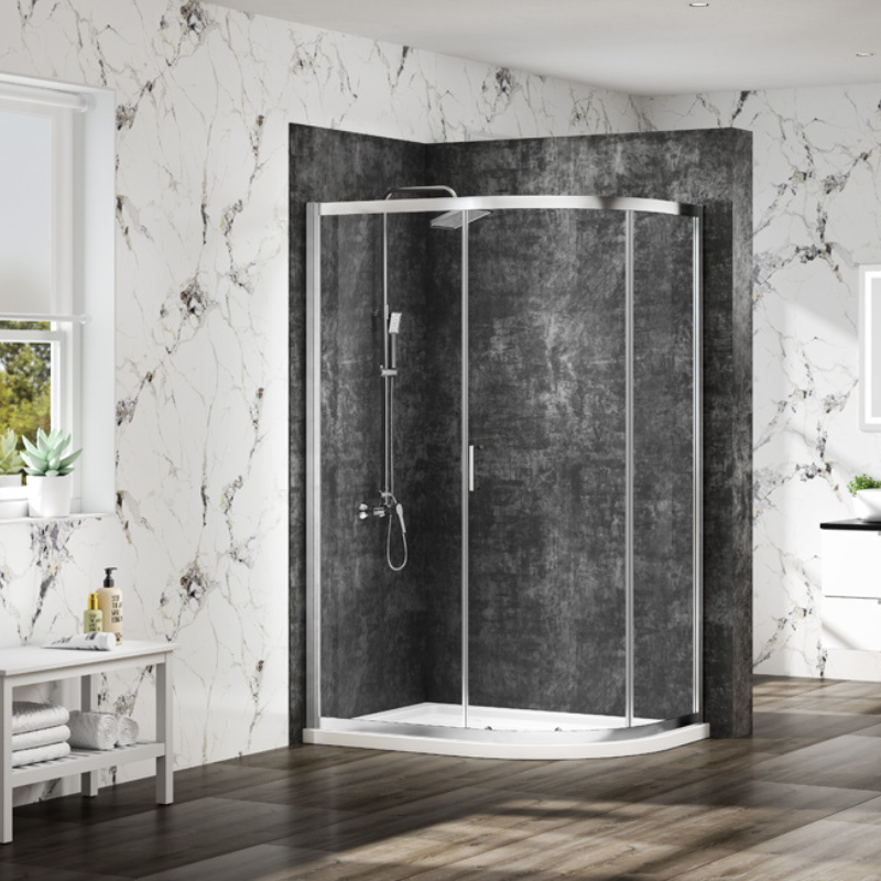 Merlyn MBOX | Single Door Offset Quadrant Shower Enclosure (4 sizes, Polished Chrome)