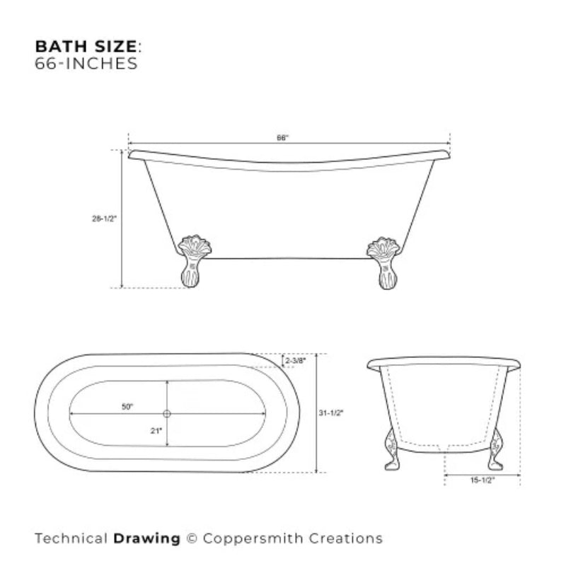 Coppersmith Creations Clawfoot Copper Bathtub (2 sizes, Plain Antique Finish Interior, Patina Exterior) - Brand New Bathrooms
