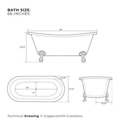Coppersmith Creations Clawfoot Copper Bathtub (2 sizes, Plain Antique Finish Interior, Patina Exterior) - Brand New Bathrooms