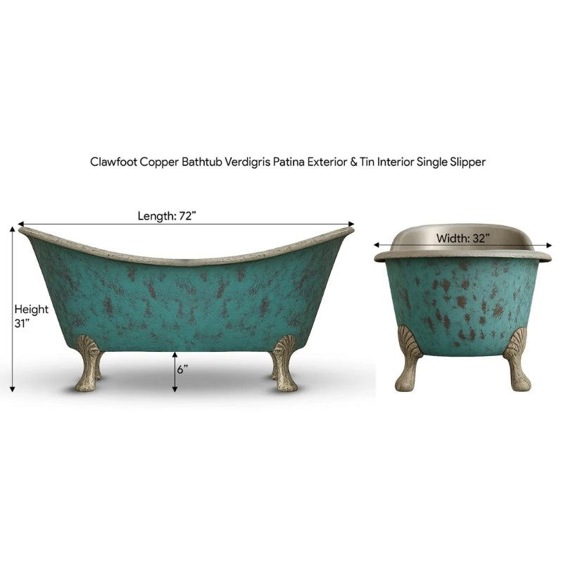 Coppersmith Creations Clawfoot Copper Verdigris Patina Exterior & Tin Interior Double Slipper Bathtub  (1 Size, Patina) - Brand New Bathrooms