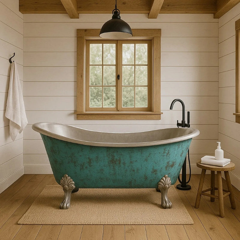 Coppersmith Creations Clawfoot Copper Verdigris Patina Exterior & Tin Interior Single Slipper Bathtub  (1 Size, Patina) - Brand New Bathrooms