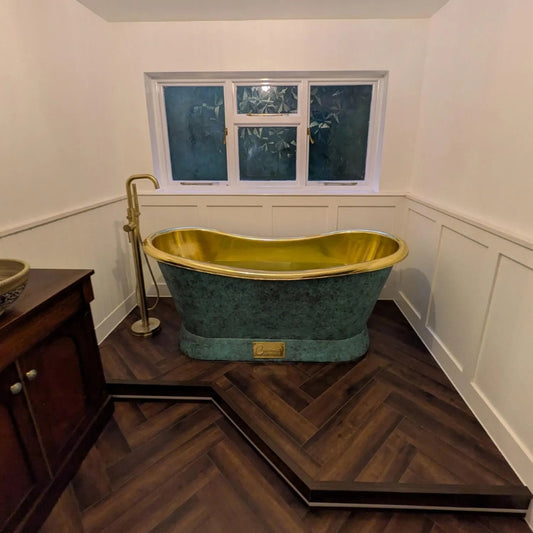Coppersmith Creations Slanting Base Brass Bathtub (1 size, Polished Brass Interior, Patina Exterior) - Brand New Bathrooms