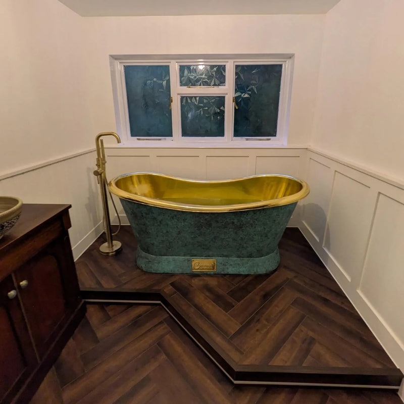 Coppersmith Creations Slanting Base Brass Bathtub (1 size, Polished Brass Interior, Patina Exterior) - Brand New Bathrooms