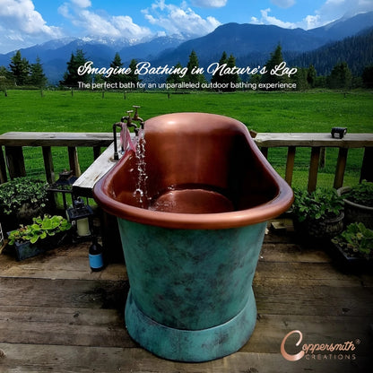 Coppersmith Creations Slanting Base Copper Bathtub (1 size, Antique Copper Interior, Blue/Green Exterior) - Brand New Bathrooms