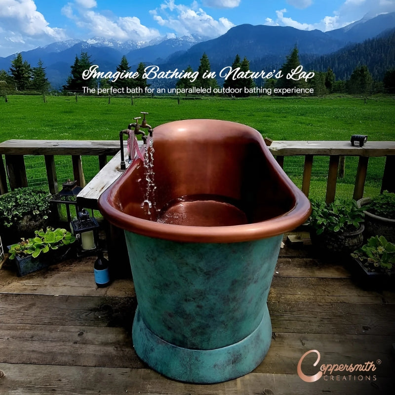 Coppersmith Creations Slanting Base Copper Bathtub (1 size, Antique Copper Interior, Blue/Green Exterior) - Brand New Bathrooms