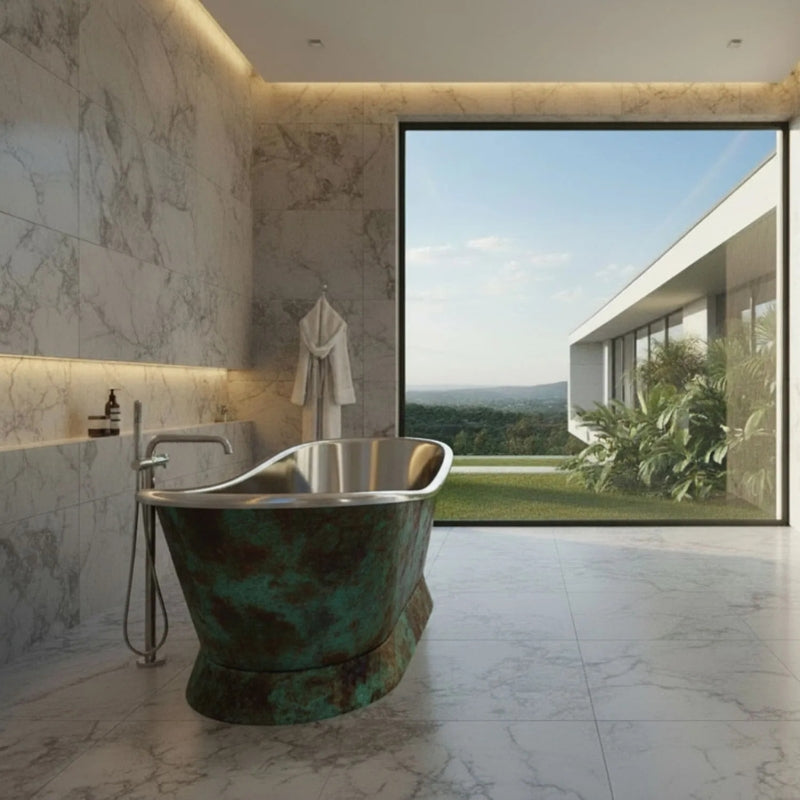 Coppersmith Creations Slanting Base Stainless Steel Bathtub (1 size, Weathered Patina) - Brand New Bathrooms