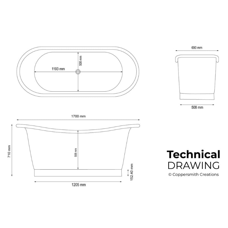 Coppersmith Creations Straight Base Copper Bathtub (1 size, Polished Copper Interior, Black Grey Exterior) - Brand New Bathrooms