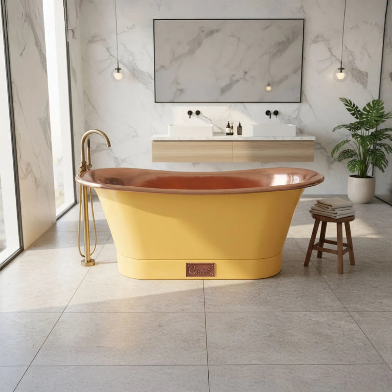 Coppersmith Creations Straight Base Copper Bathtub (1 size, Polished Copper Interior, Signal Yellow Exterior) - Brand New Bathrooms