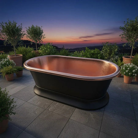 Coppersmith Creations Pedestal Copper Bathtub (2 sizes, Black Exterior, Polished Copper Interior) - Brand New Bathrooms