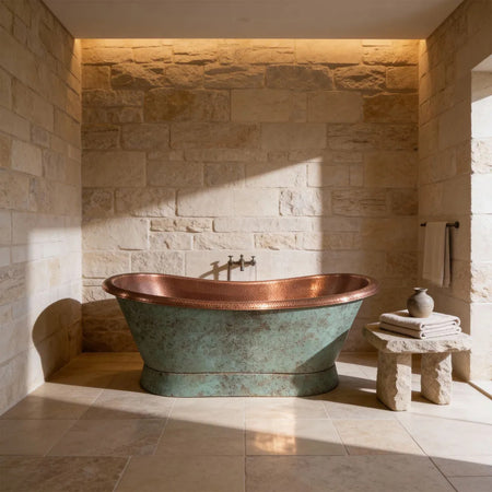 Coppersmith Creations Slanting Base Copper Bathtub (1 size, Hammered Antique Copper Interior & Patina Exterior ) - Brand New Bathrooms