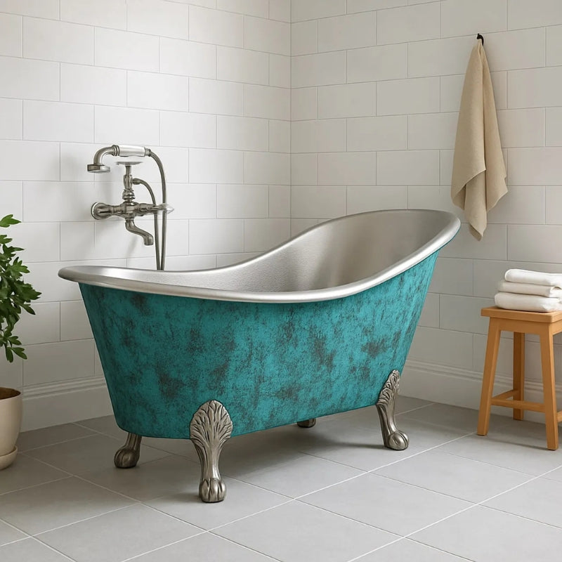 Coppersmith Creations Clawfoot Copper Verdigris Patina Exterior & Tin Interior Single Slipper Bathtub  (1 Size, Patina) - Brand New Bathrooms