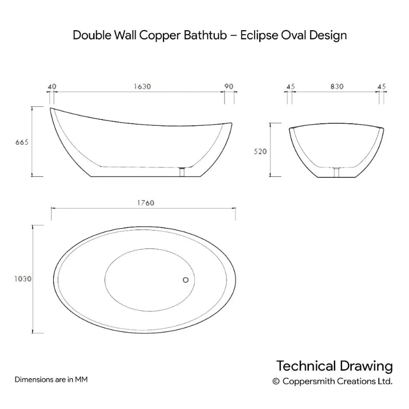 Coppersmith Creations Double Wall Copper Eclipse Oval Design Bathtub (1 size, Charcoal Black Antique) - Brand New Bathrooms