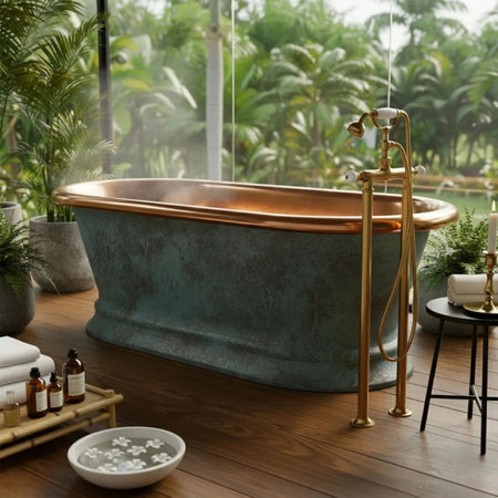 Coppersmith Creations Pedestal Copper Bathtub (2 sizes, Patina Exterior, Polished Copper Interior) - Brand New Bathrooms