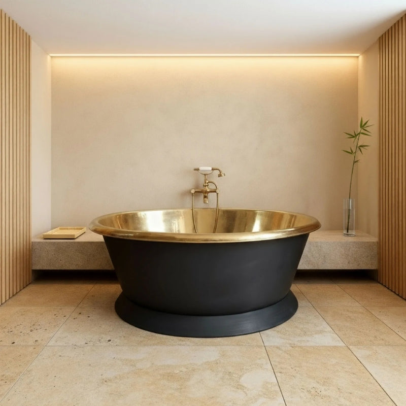 Coppersmith Creations Round Brass Bathtub (1 size, Polish Brass Interior, Matt Black Exterior) - Brand New Bathrooms