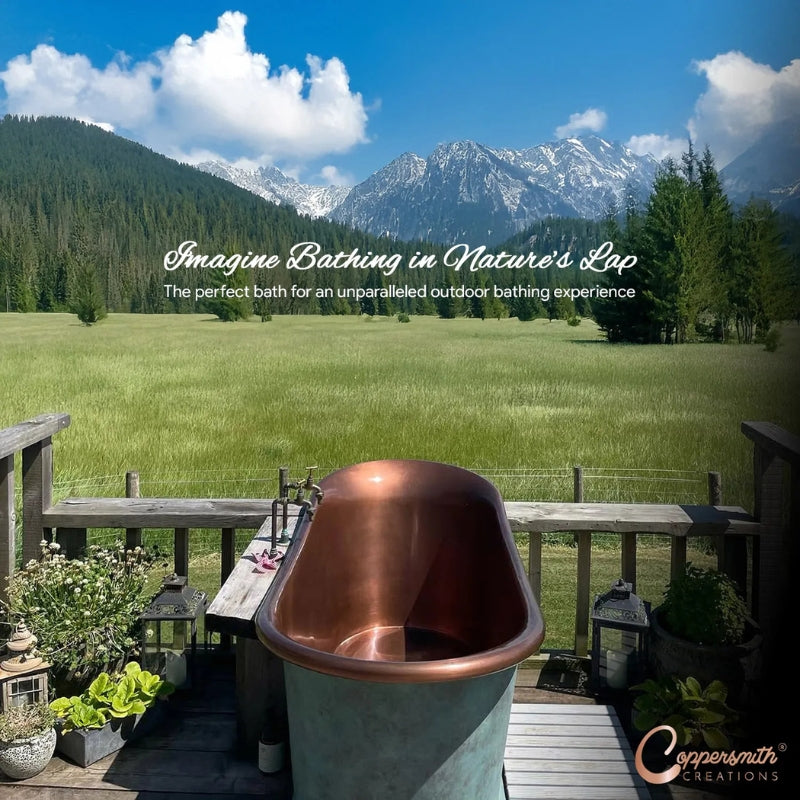 Coppersmith Creations Slanting Base Copper Bathtub (1 size, Antique Copper Interior, Blue/Green Exterior) - Brand New Bathrooms
