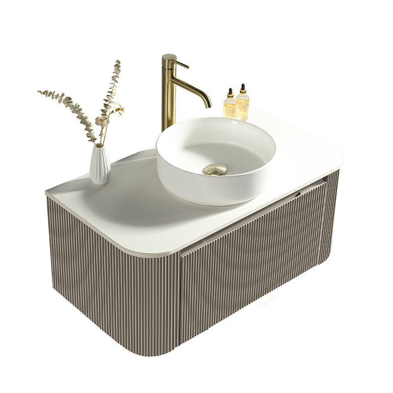 Tailored Bathrooms Flauto Wall Hung Curved Corner 870mm Vanity Unit with Sintered Stone Counter Top (1 size, Soft Coffee) - Brand New Bathrooms
