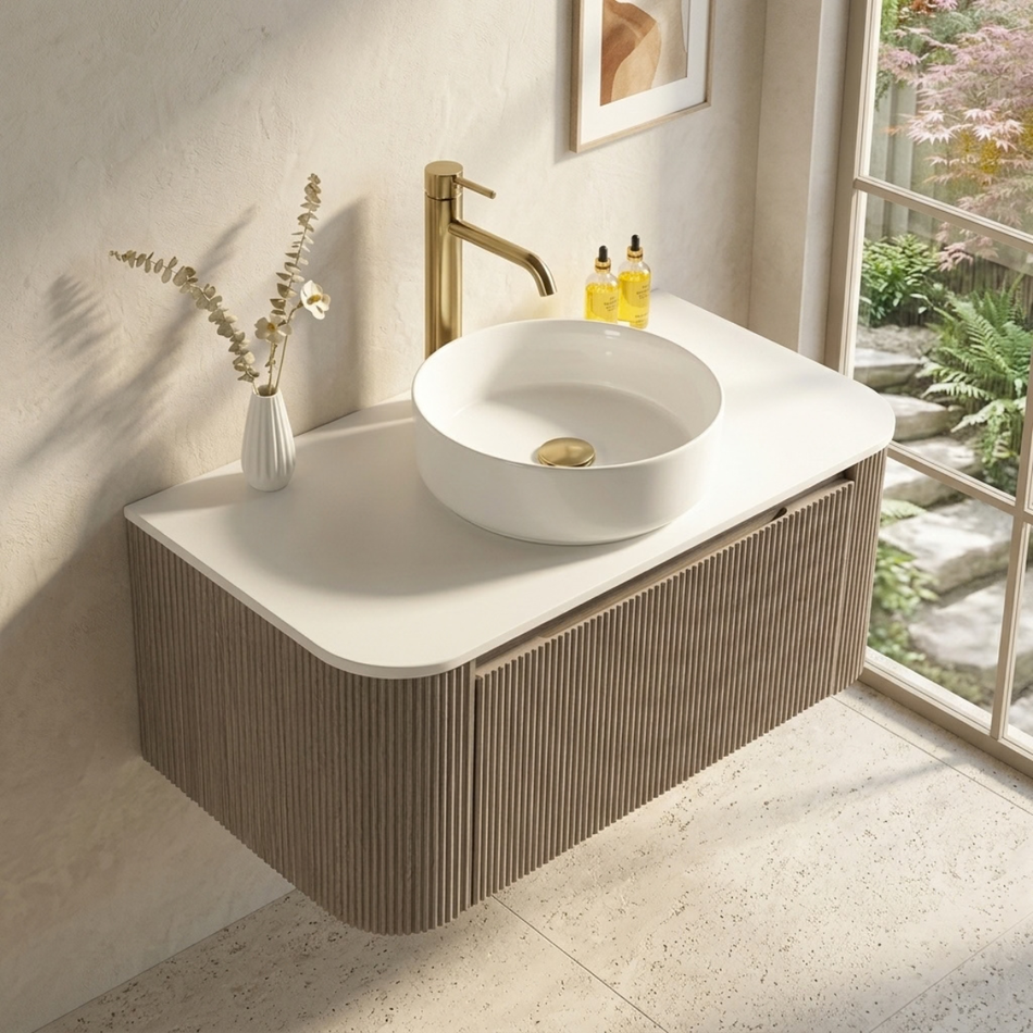 Tailored Bathrooms Flauto Wall Hung Curved Corner 870mm Vanity Unit with Sintered Stone Counter Top (1 size, Soft Coffee)