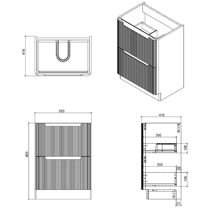Tailored Bathrooms Monza Fluted Floor Standing 500mm Vanity Unit & Polymarble Basin (1 size, 3 colours) - Brand New Bathrooms