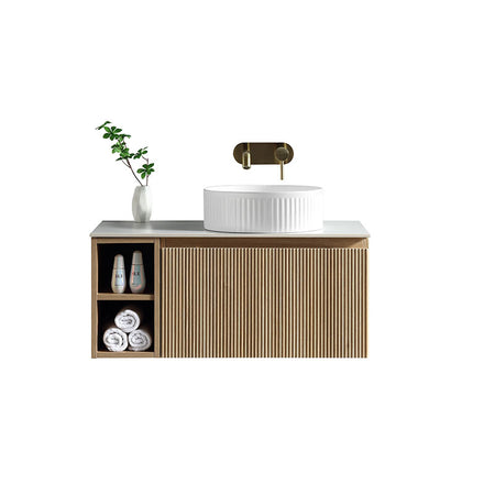Tailored Bathrooms Flauto Wall Hung 800mm Vanity with Side Storage & Right Hand Sintered Stone Counter Top (1 size, 4 colours) - Brand New Bathrooms