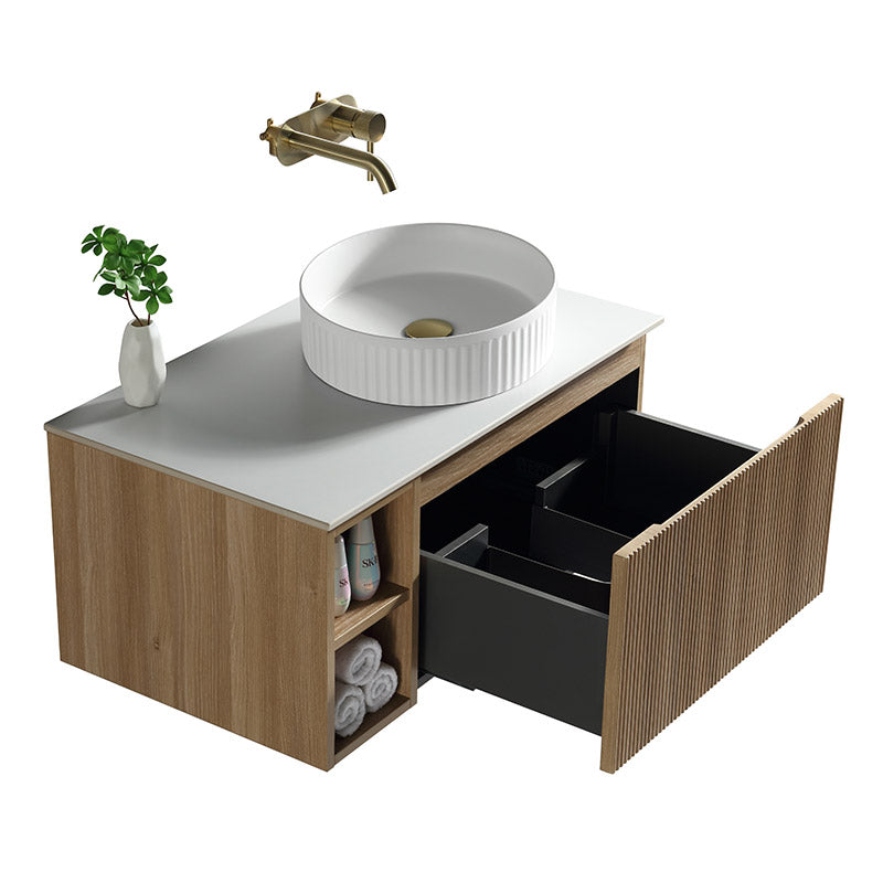 Tailored Bathrooms Flauto Wall Hung 800mm Vanity with Side Storage & Right Hand Sintered Stone Counter Top (1 size, 4 colours) - Brand New Bathrooms