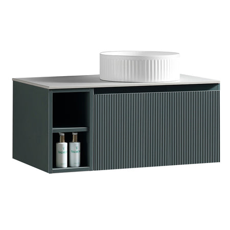 Tailored Bathrooms Flauto Wall Hung 800mm Vanity with Side Storage & Right Hand Sintered Stone Counter Top (1 size, 4 colours) - Brand New Bathrooms