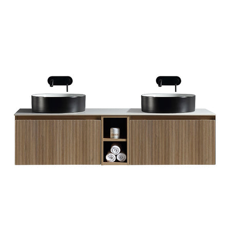 Tailored Bathrooms Flauto Wall Hung Double 1400mm Vanity Unit with Storage Box and Sintered Stone Counter Top (1 size, 4 colours) - Brand New Bathrooms
