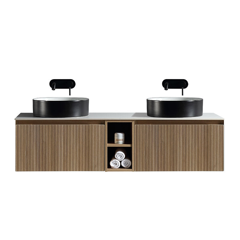 Tailored Bathrooms Flauto Wall Hung Double 1400mm Vanity Unit with Storage Box and Sintered Stone Counter Top (1 size, 4 colours) - Brand New Bathrooms
