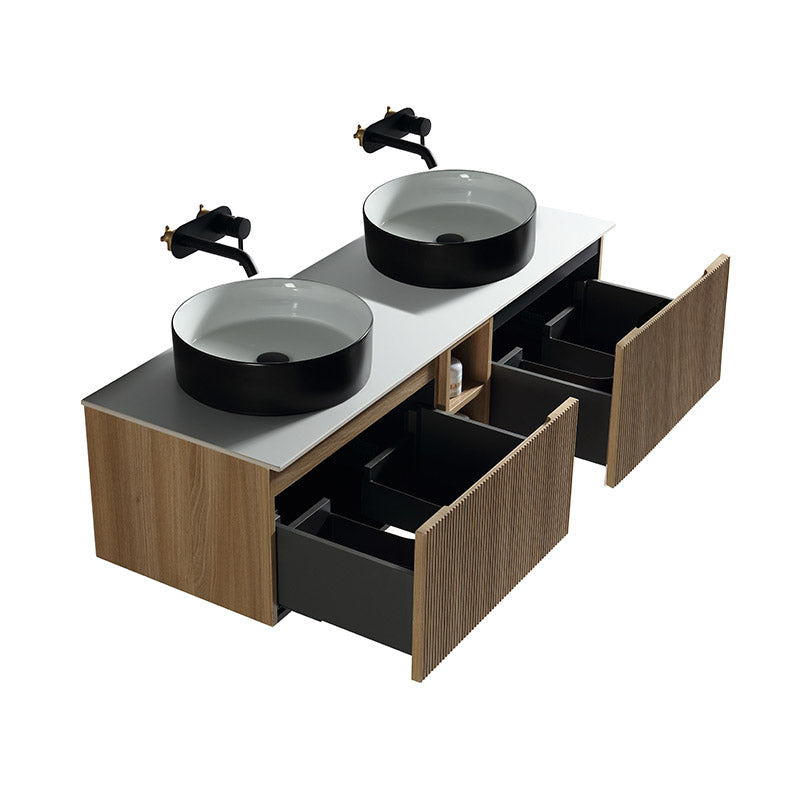 Tailored Bathrooms Flauto Wall Hung Double 1400mm Vanity Unit with Storage Box and Sintered Stone Counter Top (1 size, 4 colours) - Brand New Bathrooms