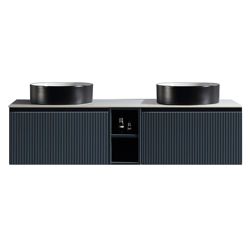 Tailored Bathrooms Flauto Wall Hung Double 1400mm Vanity Unit with Storage Box and Sintered Stone Counter Top (1 size, 4 colours) - Brand New Bathrooms