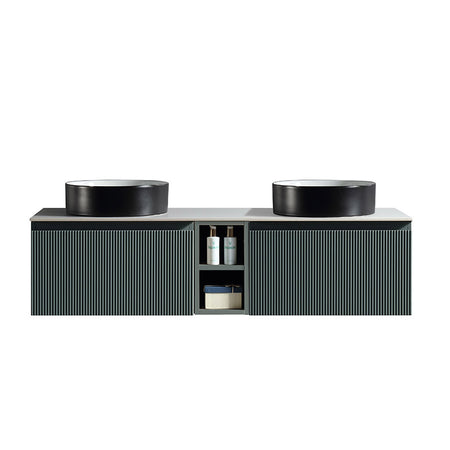 Tailored Bathrooms Flauto Wall Hung Double 1400mm Vanity Unit with Storage Box and Sintered Stone Counter Top (1 size, 4 colours) - Brand New Bathrooms