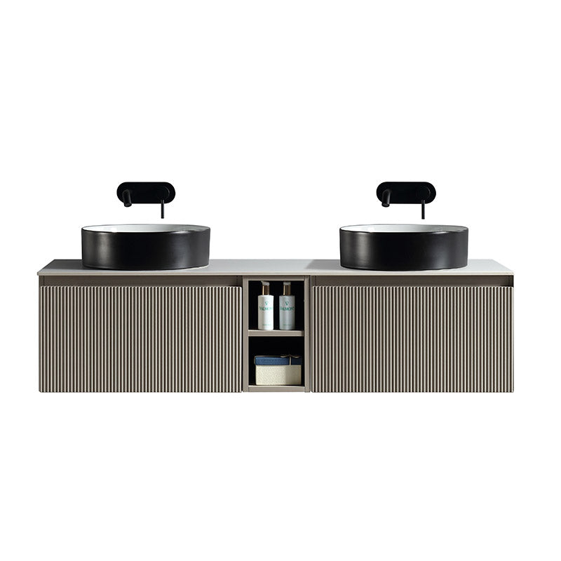 Tailored Bathrooms Flauto Wall Hung Double 1400mm Vanity Unit with Storage Box and Sintered Stone Counter Top (1 size, 4 colours) - Brand New Bathrooms