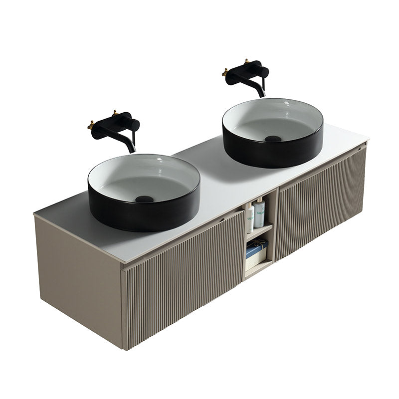 Tailored Bathrooms Flauto Wall Hung Double 1400mm Vanity Unit with Storage Box and Sintered Stone Counter Top (1 size, 4 colours) - Brand New Bathrooms