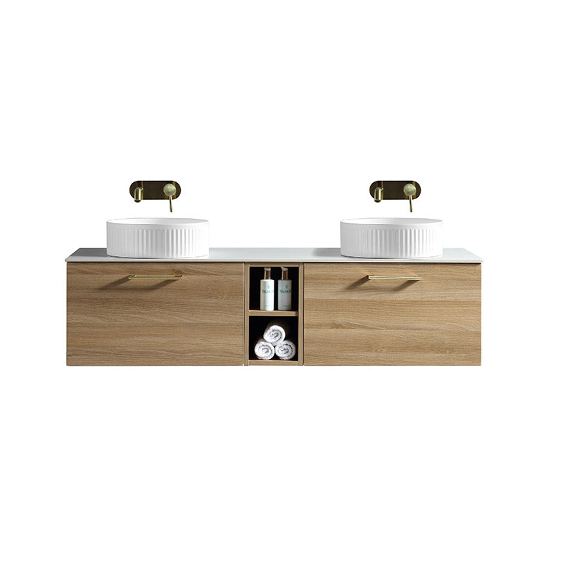 Tailored Bathrooms Piatta Wall Hung 1400mm Double Vanity Unit with Centre Storage and Sintered Stone Counter Top (1 size, 4 colours) - Brand New Bathrooms