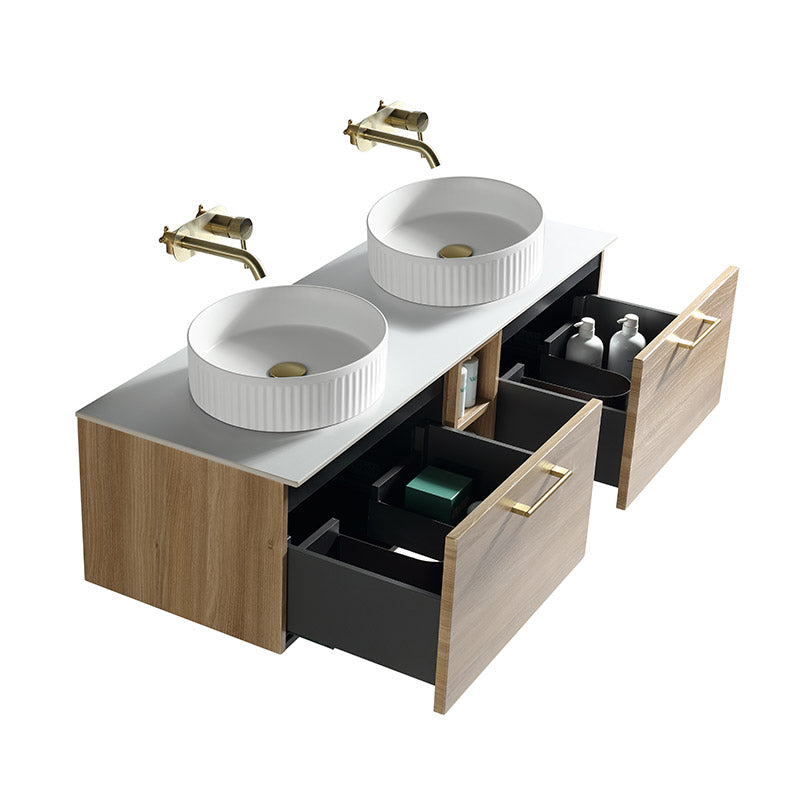 Tailored Bathrooms Piatta Wall Hung 1400mm Double Vanity Unit with Centre Storage and Sintered Stone Counter Top (1 size, 4 colours) - Brand New Bathrooms