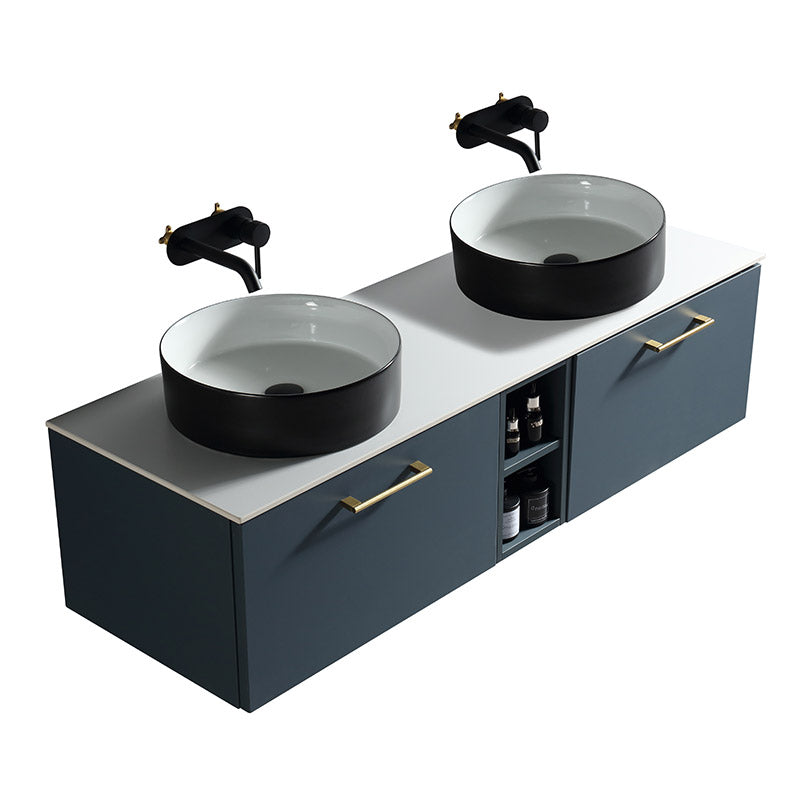 Tailored Bathrooms Piatta Wall Hung 1400mm Double Vanity Unit with Centre Storage and Sintered Stone Counter Top (1 size, 4 colours) - Brand New Bathrooms