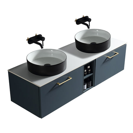 Tailored Bathrooms Piatta Wall Hung 1400mm Double Vanity Unit with Centre Storage and Sintered Stone Counter Top (1 size, 4 colours) - Brand New Bathrooms