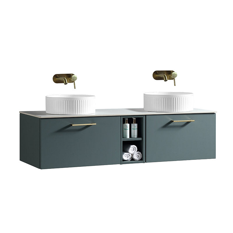Tailored Bathrooms Piatta Wall Hung 1400mm Double Vanity Unit with Centre Storage and Sintered Stone Counter Top (1 size, 4 colours) - Brand New Bathrooms