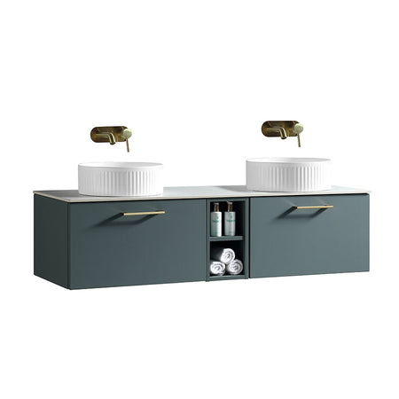 Tailored Bathrooms Piatta Wall Hung 1400mm Double Vanity Unit with Centre Storage and Sintered Stone Counter Top (1 size, 4 colours) - Brand New Bathrooms