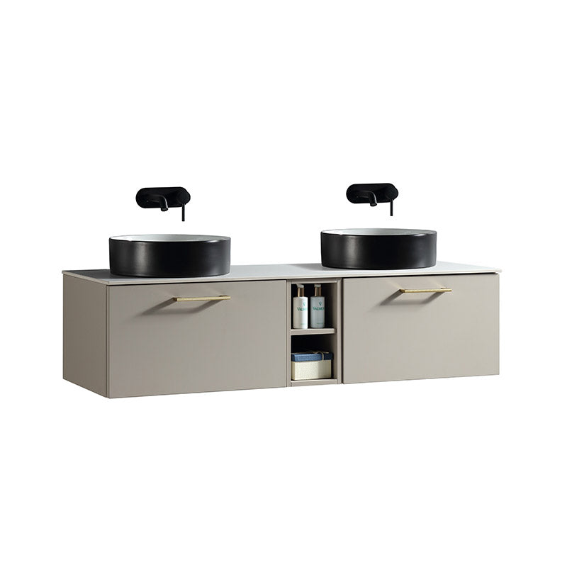 Tailored Bathrooms Piatta Wall Hung 1400mm Double Vanity Unit with Centre Storage and Sintered Stone Counter Top (1 size, 4 colours) - Brand New Bathrooms