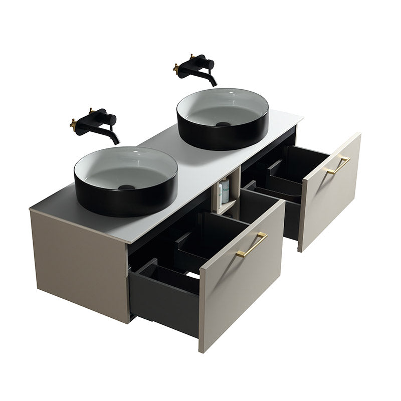 Tailored Bathrooms Piatta Wall Hung 1400mm Double Vanity Unit with Centre Storage and Sintered Stone Counter Top (1 size, 4 colours) - Brand New Bathrooms