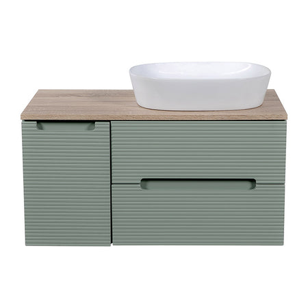 Tailored Bathrooms Monza Plus Fluted Wall Hung 900mm Vanity Unit with Side Cabinet & Counter Top (1 size, Aloe Green/Country Oak) - Brand New Bathrooms