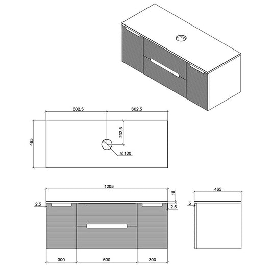 Tailored Bathrooms Monza Plus Fluted Wall Hung 1200mm Vanity Unit with 2 Side Cabinets & Counter Top (1 size, Aloe Green/Country Oak) - Brand New Bathrooms