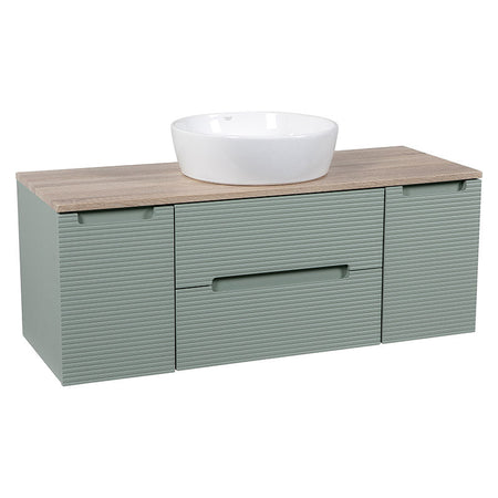 Tailored Bathrooms Monza Plus Fluted Wall Hung 1200mm Vanity Unit with 2 Side Cabinets & Counter Top (1 size, Aloe Green/Country Oak) - Brand New Bathrooms