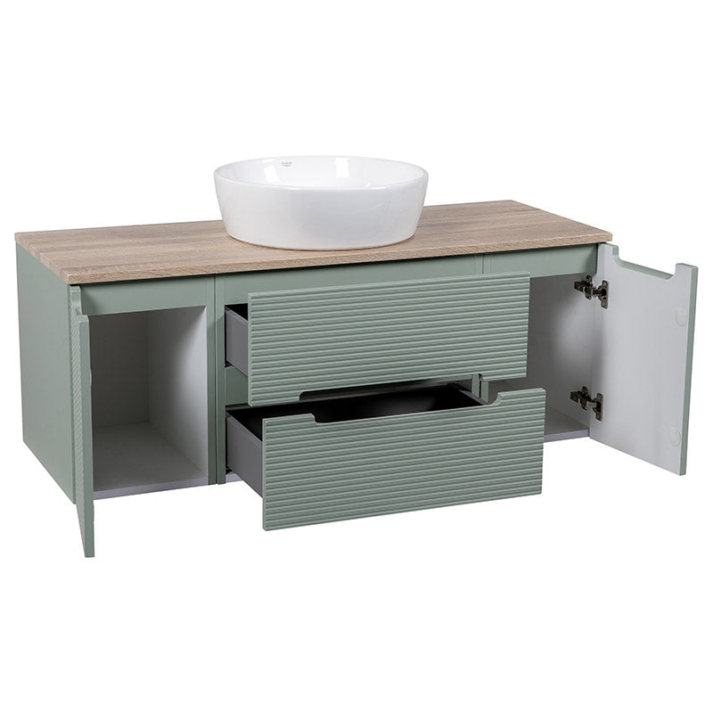Tailored Bathrooms Monza Plus Fluted Wall Hung 1200mm Vanity Unit with 2 Side Cabinets & Counter Top (1 size, Aloe Green/Country Oak) - Brand New Bathrooms