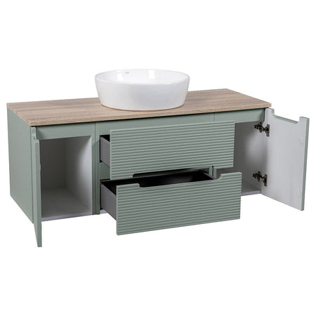 Tailored Bathrooms Monza Plus Fluted Wall Hung 1200mm Vanity Unit with 2 Side Cabinets & Counter Top (1 size, Aloe Green/Country Oak) - Brand New Bathrooms