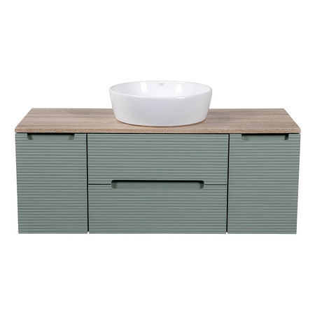Tailored Bathrooms Monza Plus Fluted Wall Hung 1200mm Vanity Unit with 2 Side Cabinets & Counter Top (1 size, Aloe Green/Country Oak) - Brand New Bathrooms
