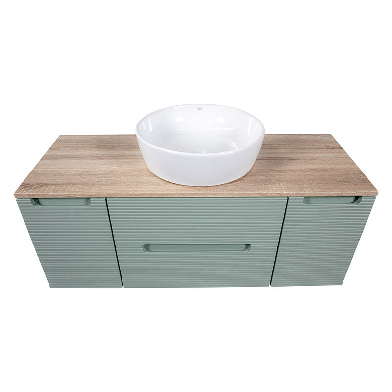 Tailored Bathrooms Monza Plus Fluted Wall Hung 1200mm Vanity Unit with 2 Side Cabinets & Counter Top (1 size, Aloe Green/Country Oak) - Brand New Bathrooms